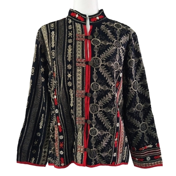 Chico's Asian Black Gold Red Embroidered Stand Collar Jacket Artsy Art to Wear - Picture 1 of 9